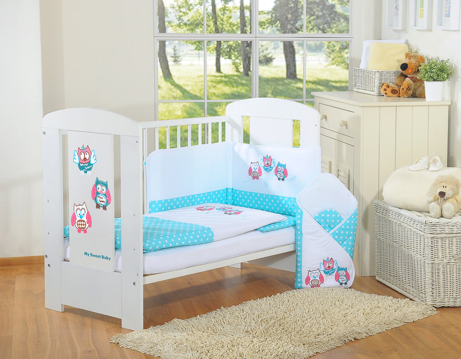 Baby bedding set 135x100 cm with bumper 3-pcs Turquoise Owls with pink and turquoise embroidery
