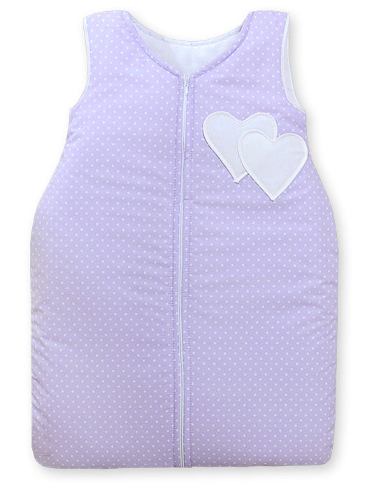 Cotton sleeping bag for children, size M, 6-12 months, TOG 2.5, all-season, hearts dots on lilac