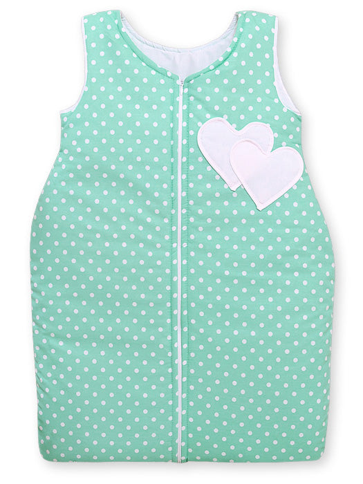Cotton sleeping bag for children, size M, 6-12 months, TOG 2.5, all-season, hearts dots on mint