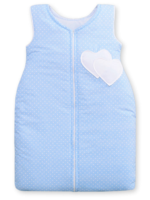 Cotton sleeping bag for children, size M, 6-12 months, TOG 2.5, all-season hearts white dots on blue