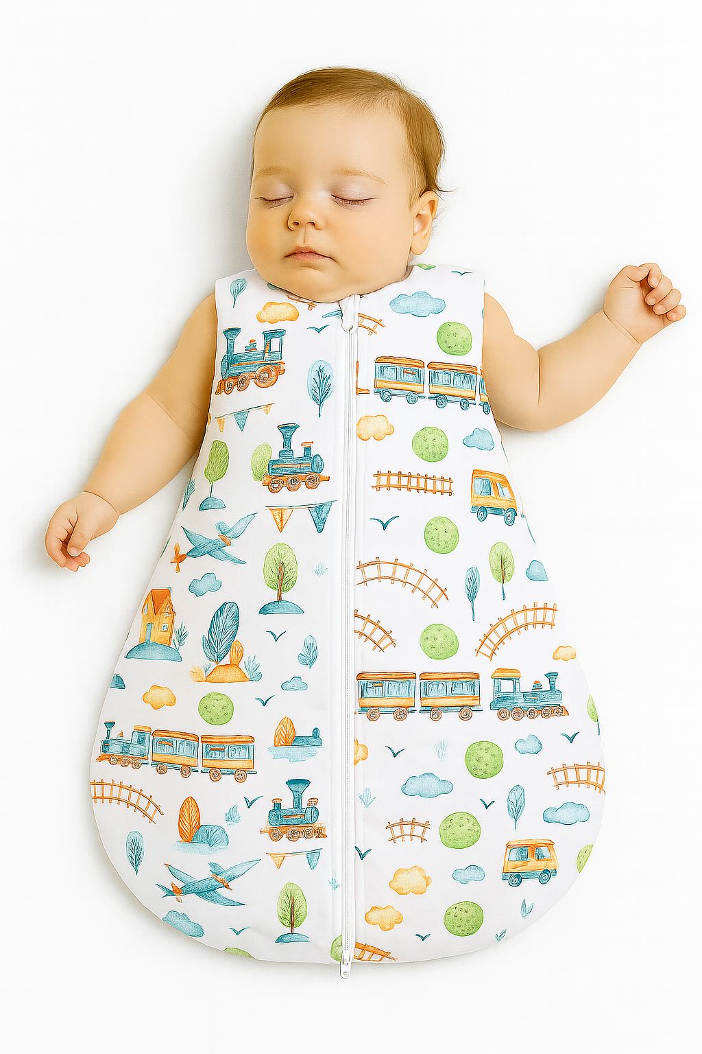 Cotton baby sleeping bag S 0-6 months for summer TOG 1.0 - turquoise train
