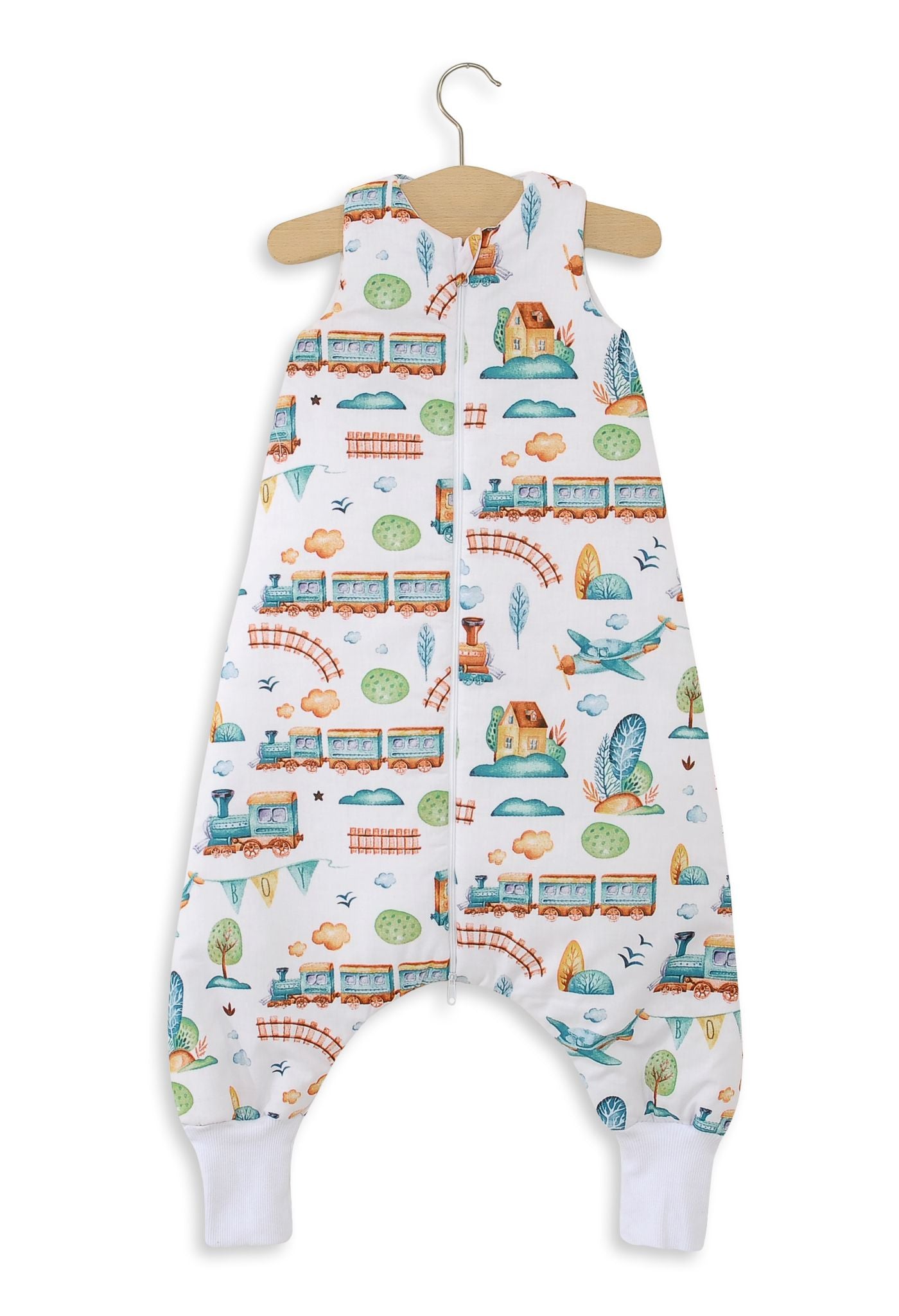 Cotton Baby Sleeping Bag  with legs Warm and Cozy L 9-24 months TOG 2.5 - turquoise train