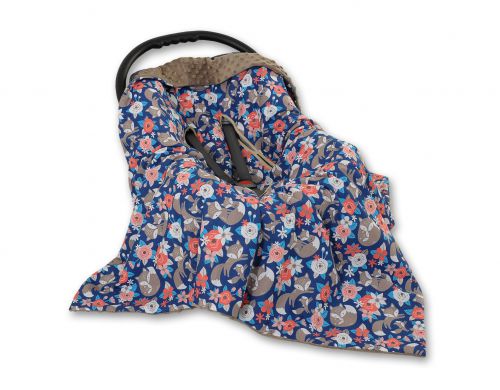 Big double-sided car seat blanket for babies - fox family on blue/brown